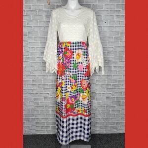 Vintage 60s Floral Gingham Psychedelic Bell Sleeve Maxi Dress